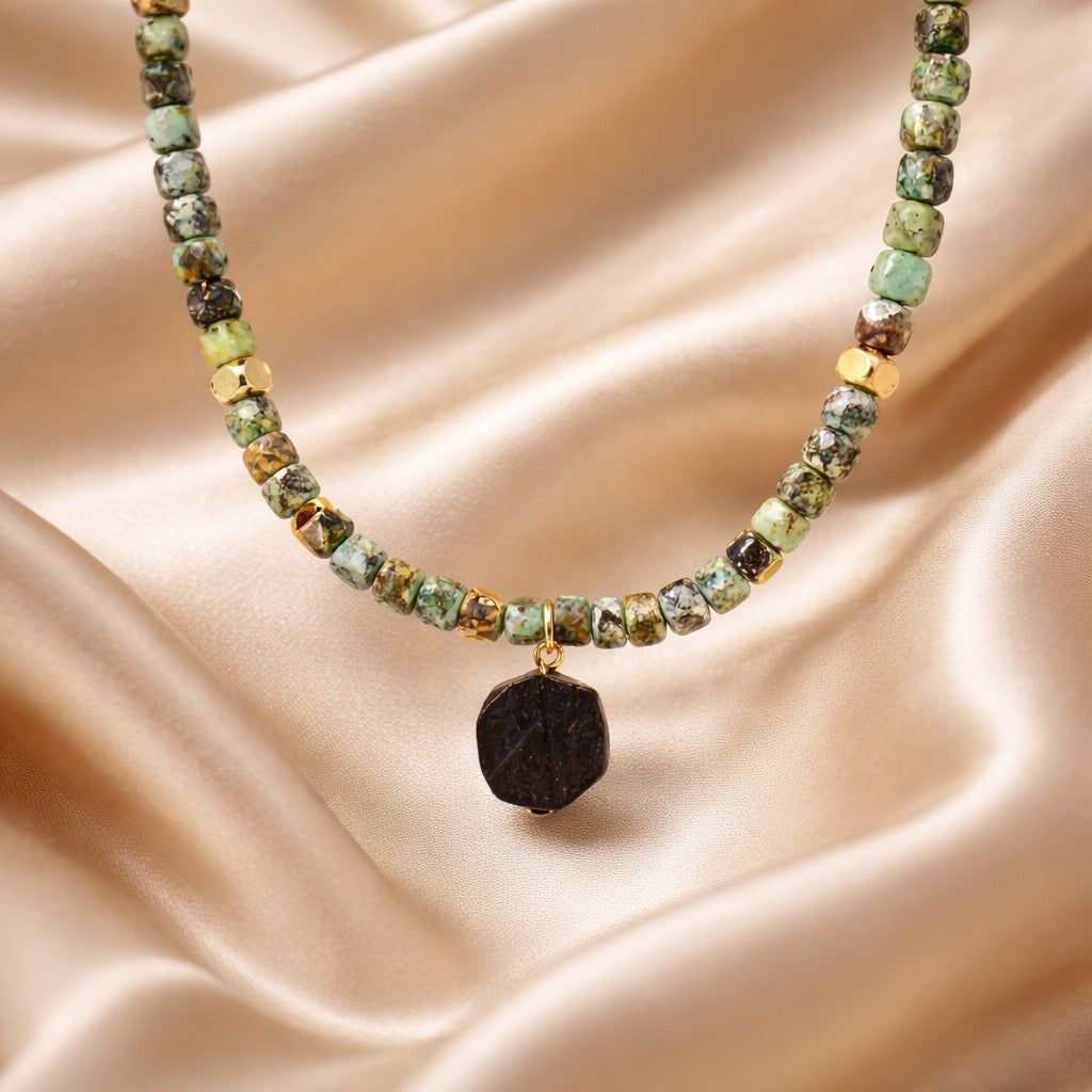 Necklace Squared Beads with Abstract Stone