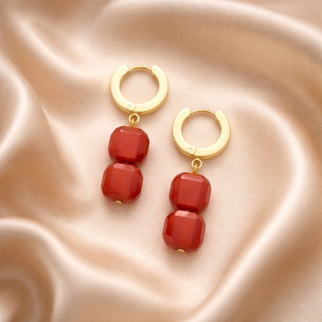 Earrings Thick Hoops with 2 Square Beads