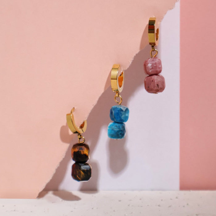 Earrings Thick Hoops with 2 Square Beads