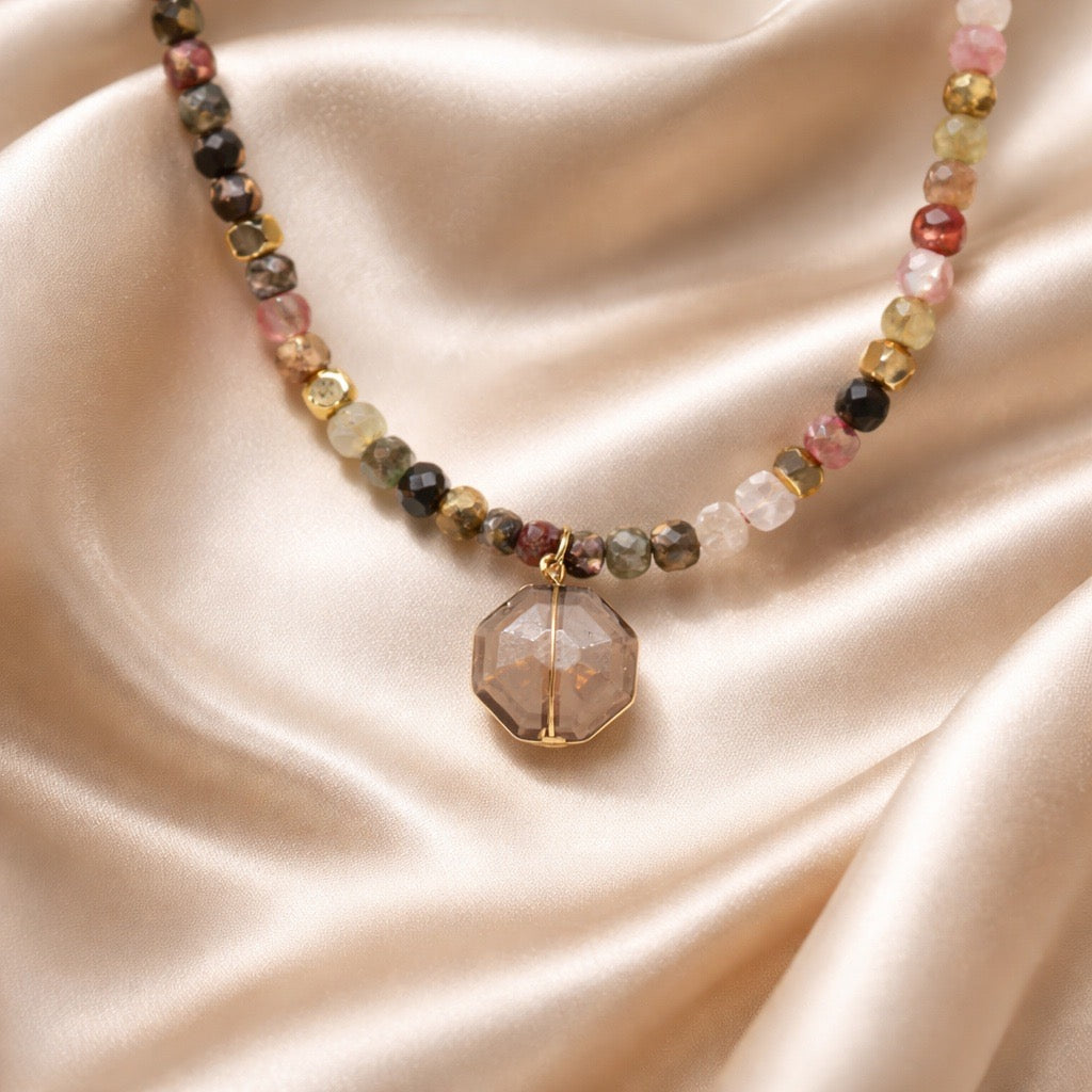Necklace Squared Beads with Abstract Stone