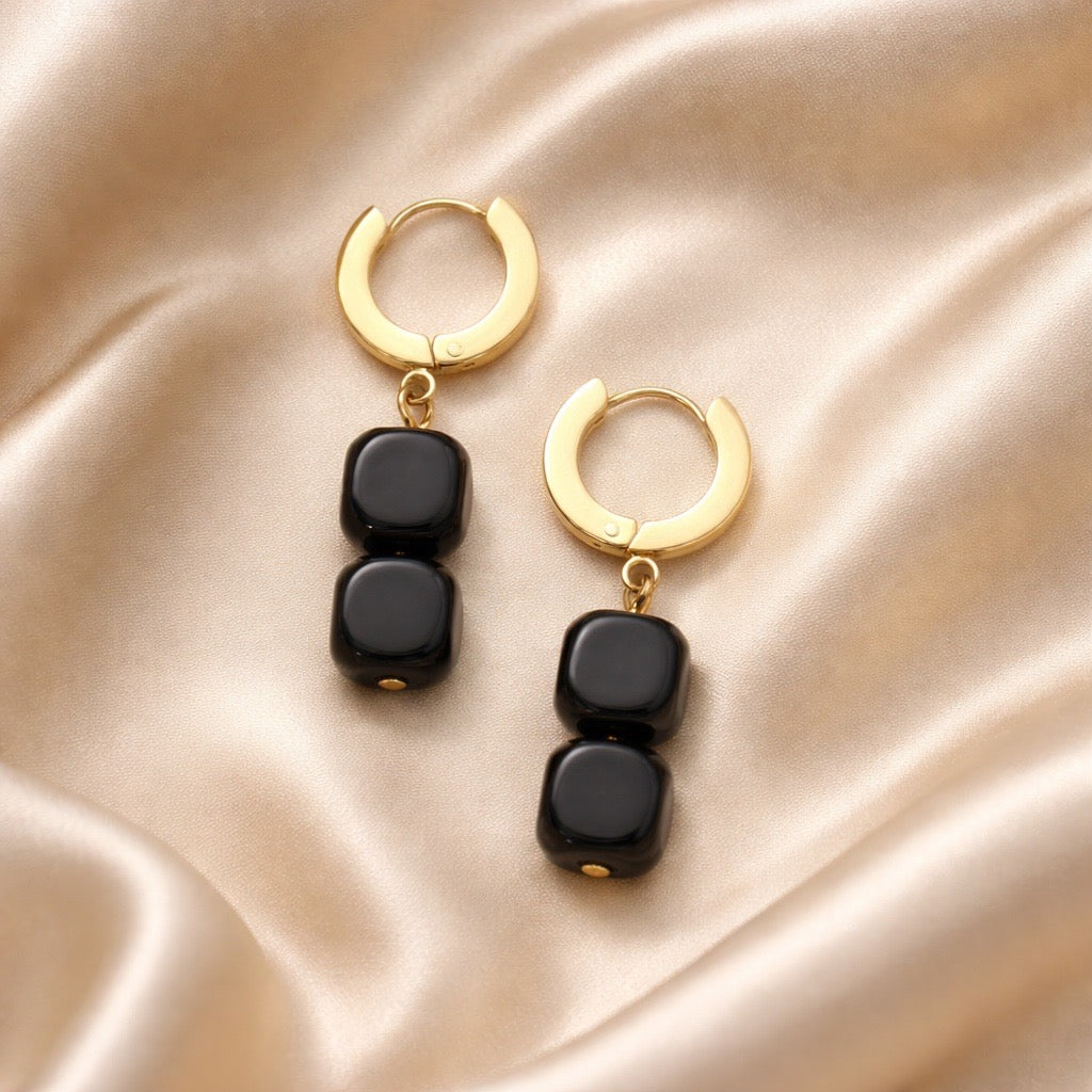 Earrings Thick Hoops with 2 Square Beads