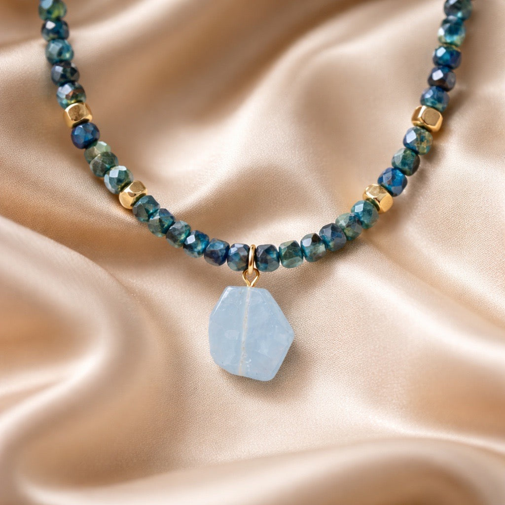 Necklace Squared Beads with Abstract Stone