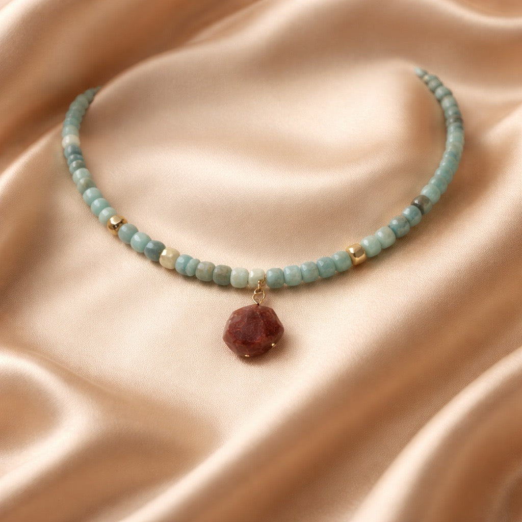 Necklace Squared Beads with Abstract Stone