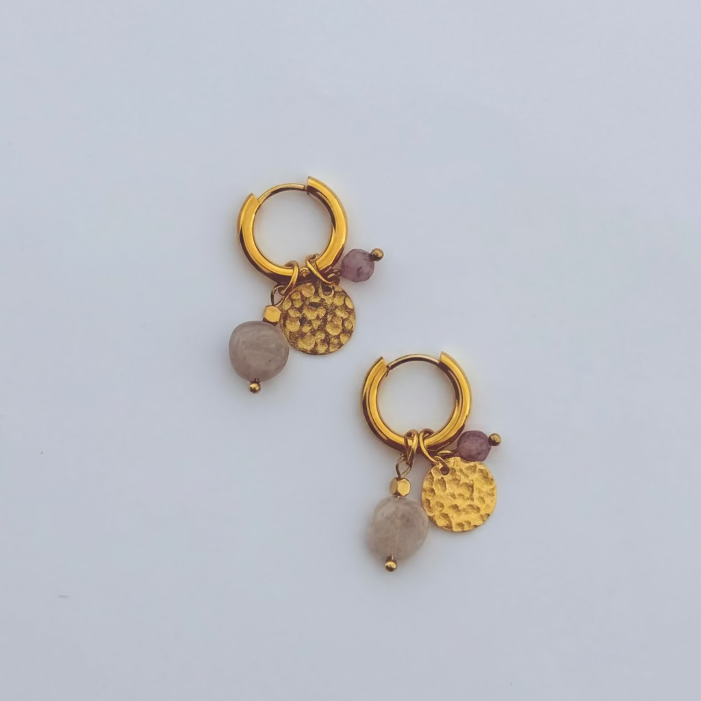 Earrings Amethyst Thick Hoops with Small Charms