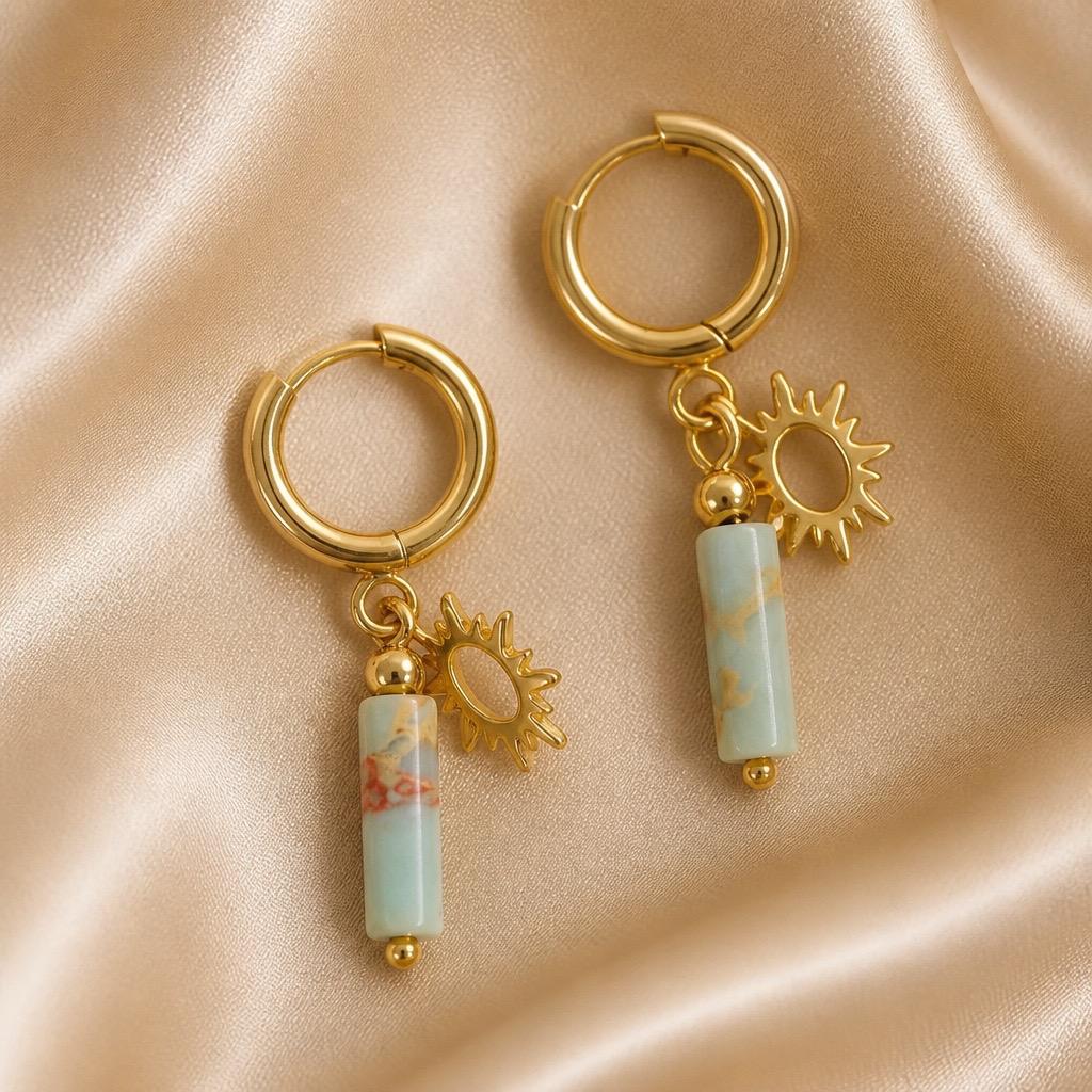 Earring Thick Hoops with Stone and Charm