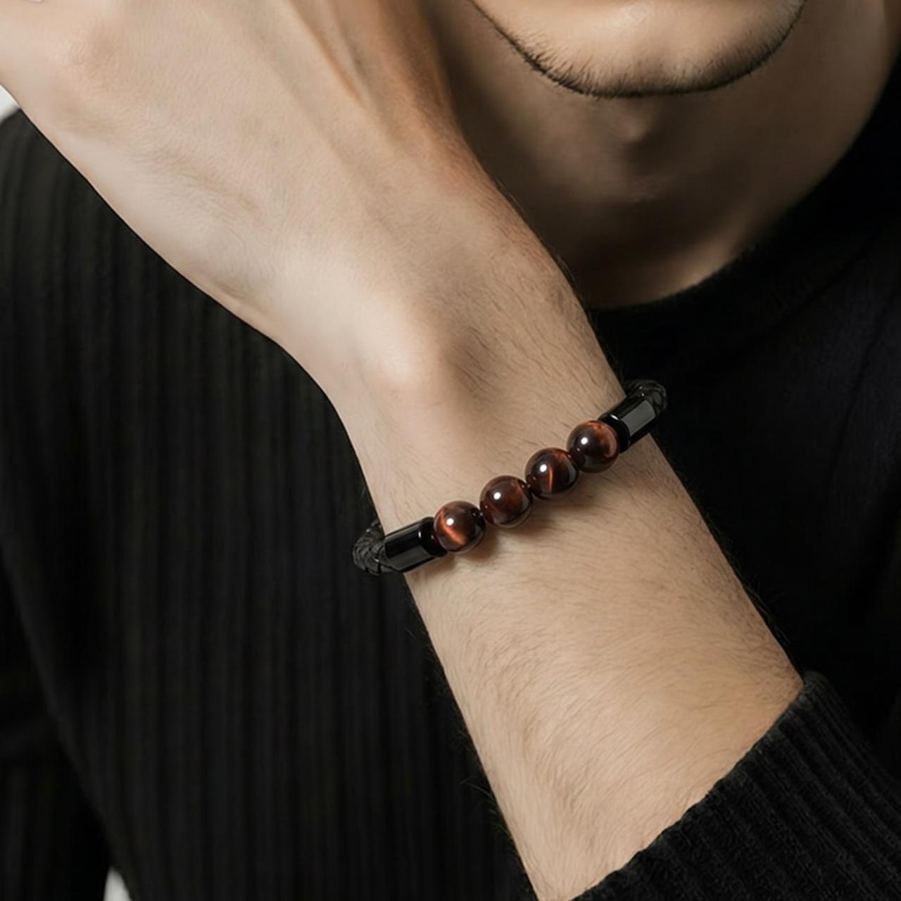 Bracelet Man Beads/Leather Magnetic 8mm