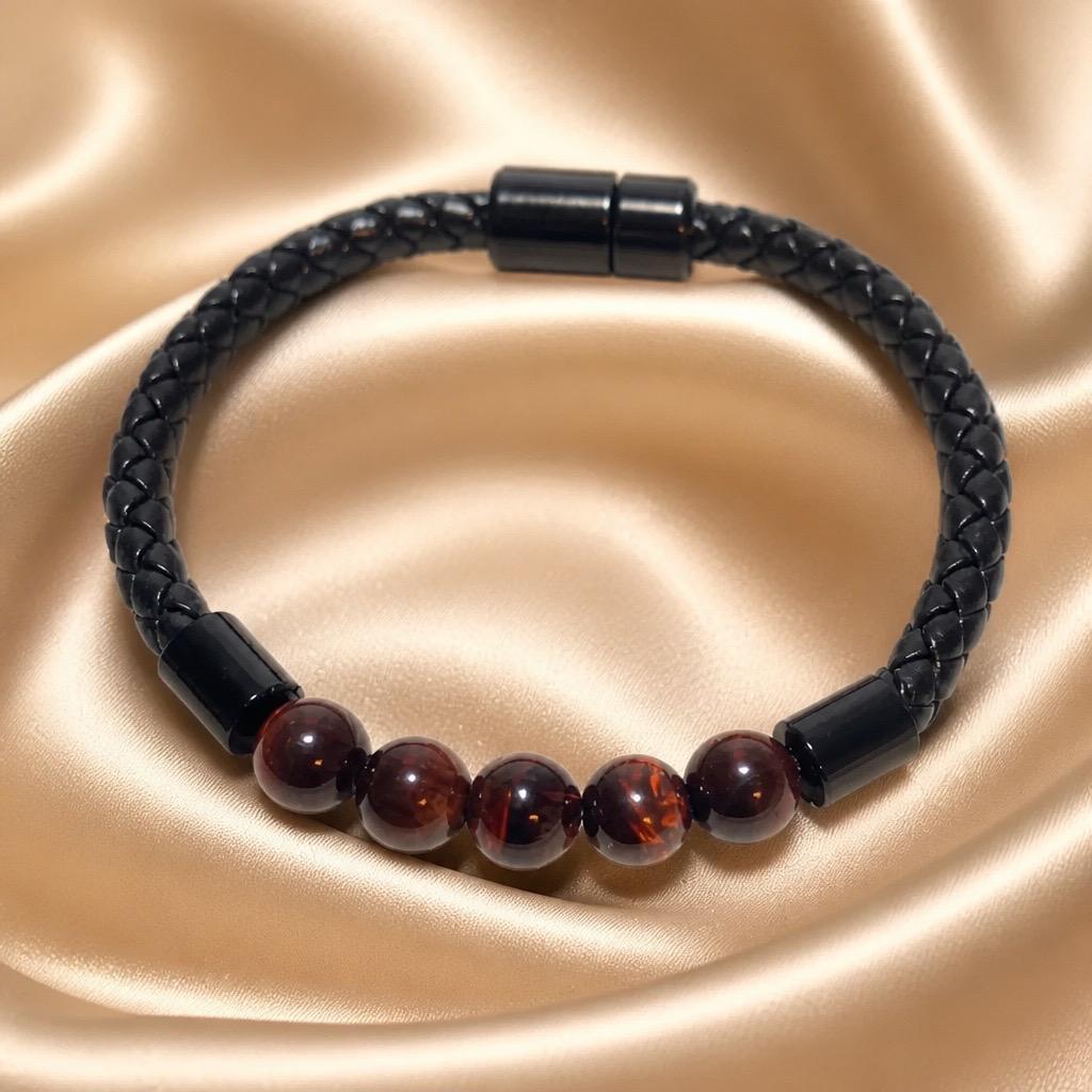 Bracelet Man Beads/Leather Magnetic 8mm