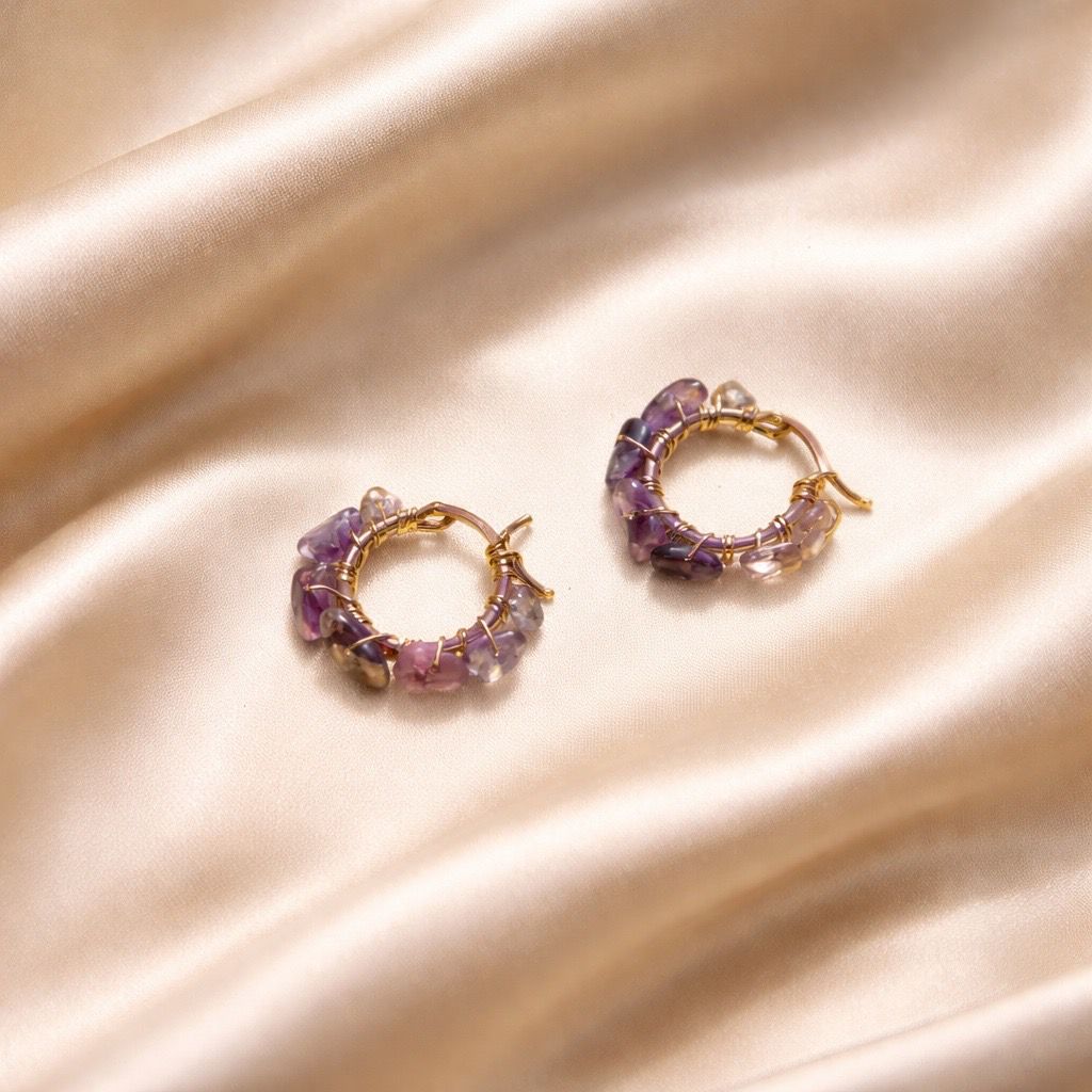 Earrings Hoops Wrapped Chopped Stones