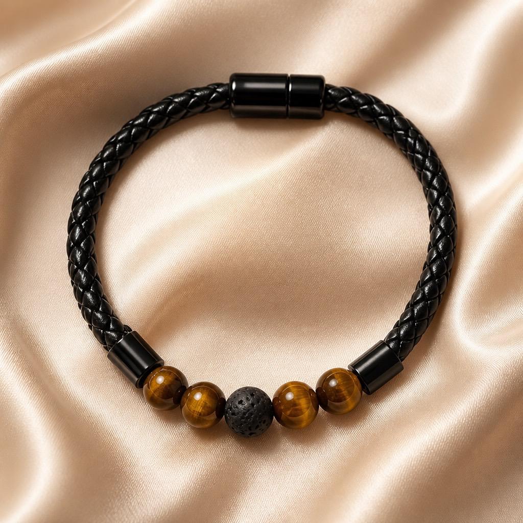 Bracelet Man Beads/Leather Magnetic 8mm