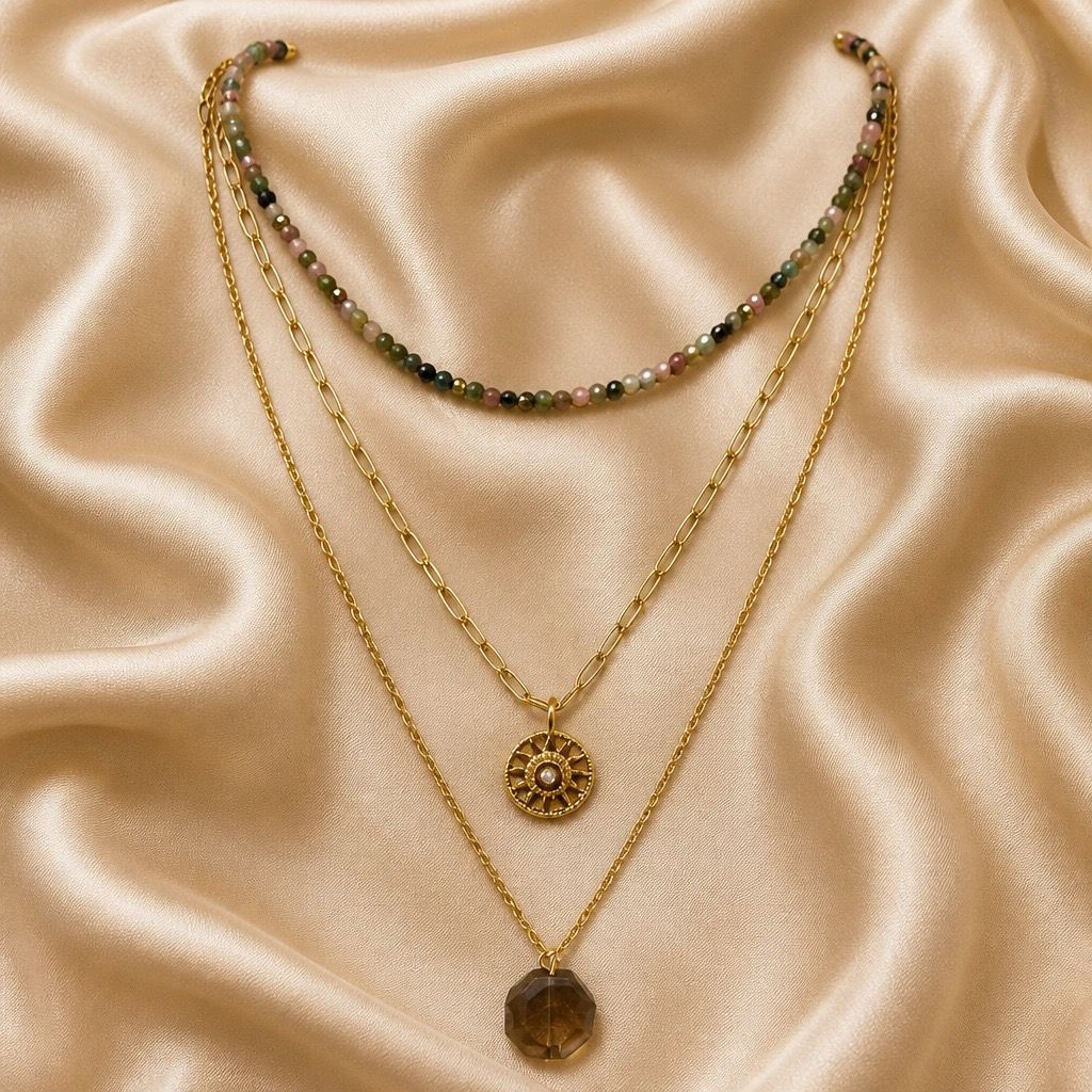 Necklace 3 Layers with Stones and Charms