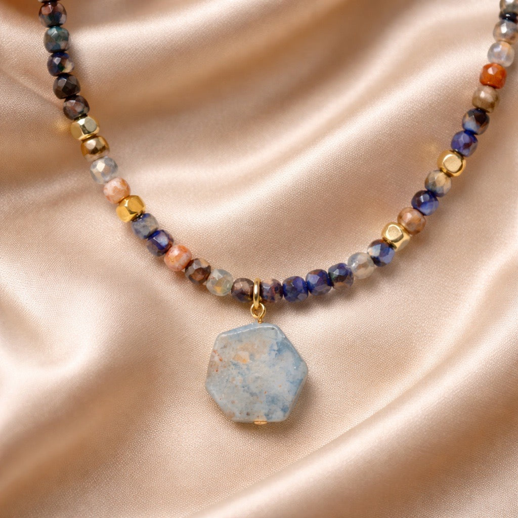 Necklace Squared Beads with Abstract Stone