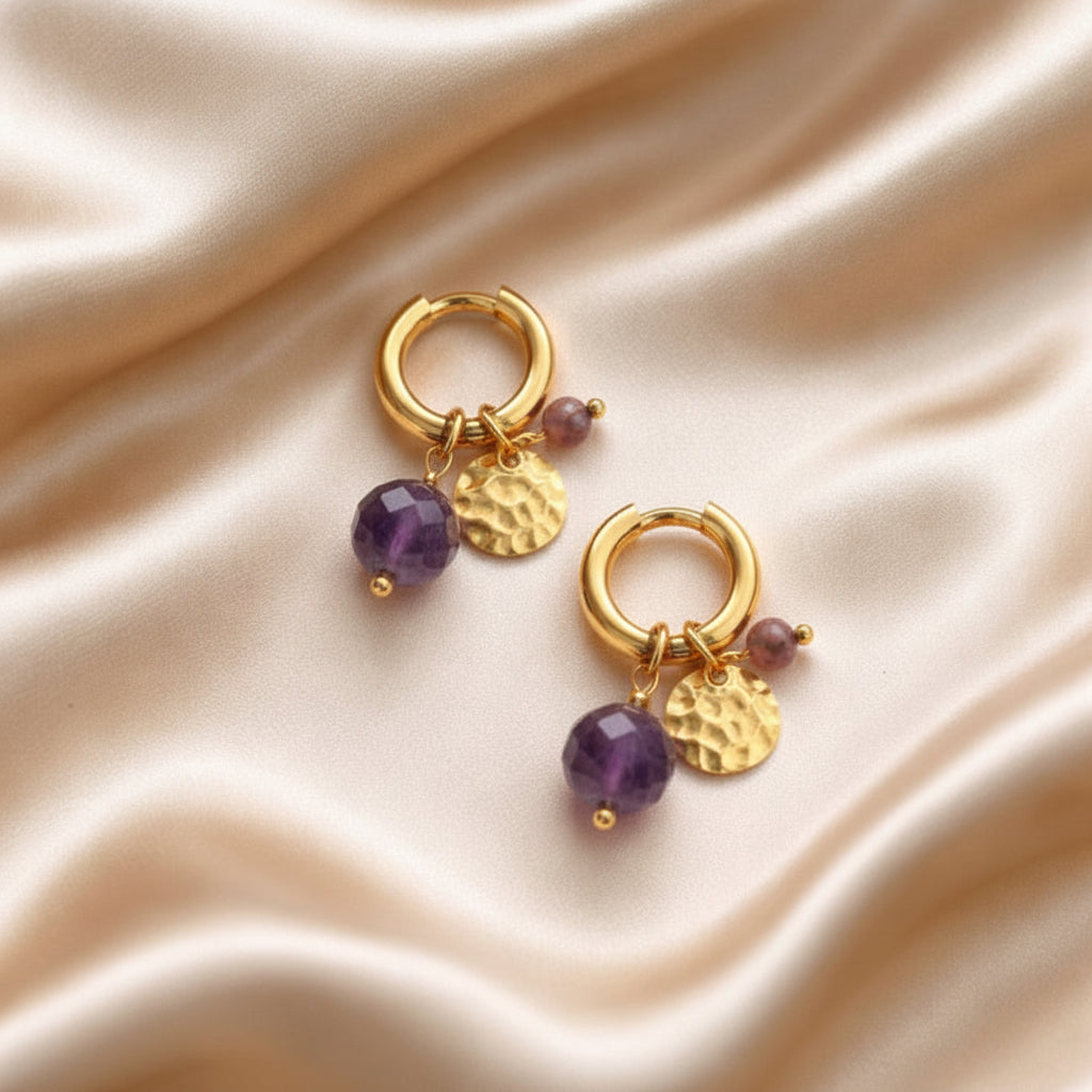 Earrings Amethyst Thick Hoops with Small Charms