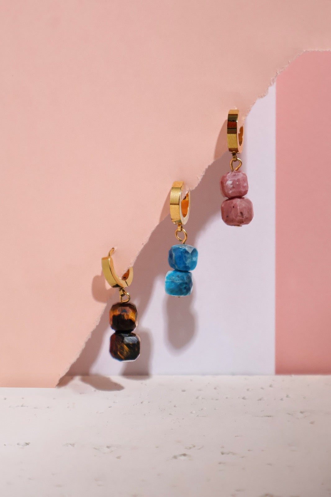 Earrings Thick Hoops with 2 Square Beads