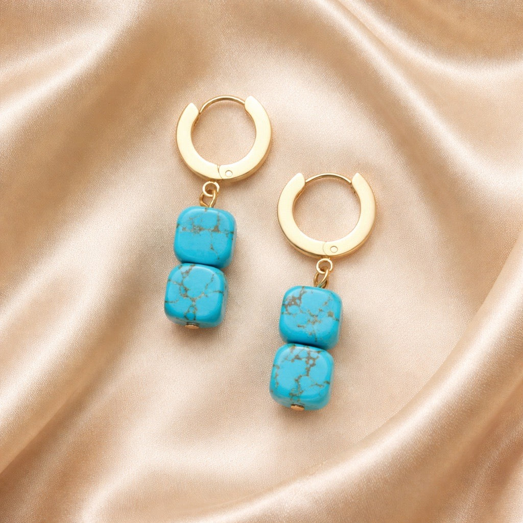Earrings Thick Hoops with 2 Square Beads