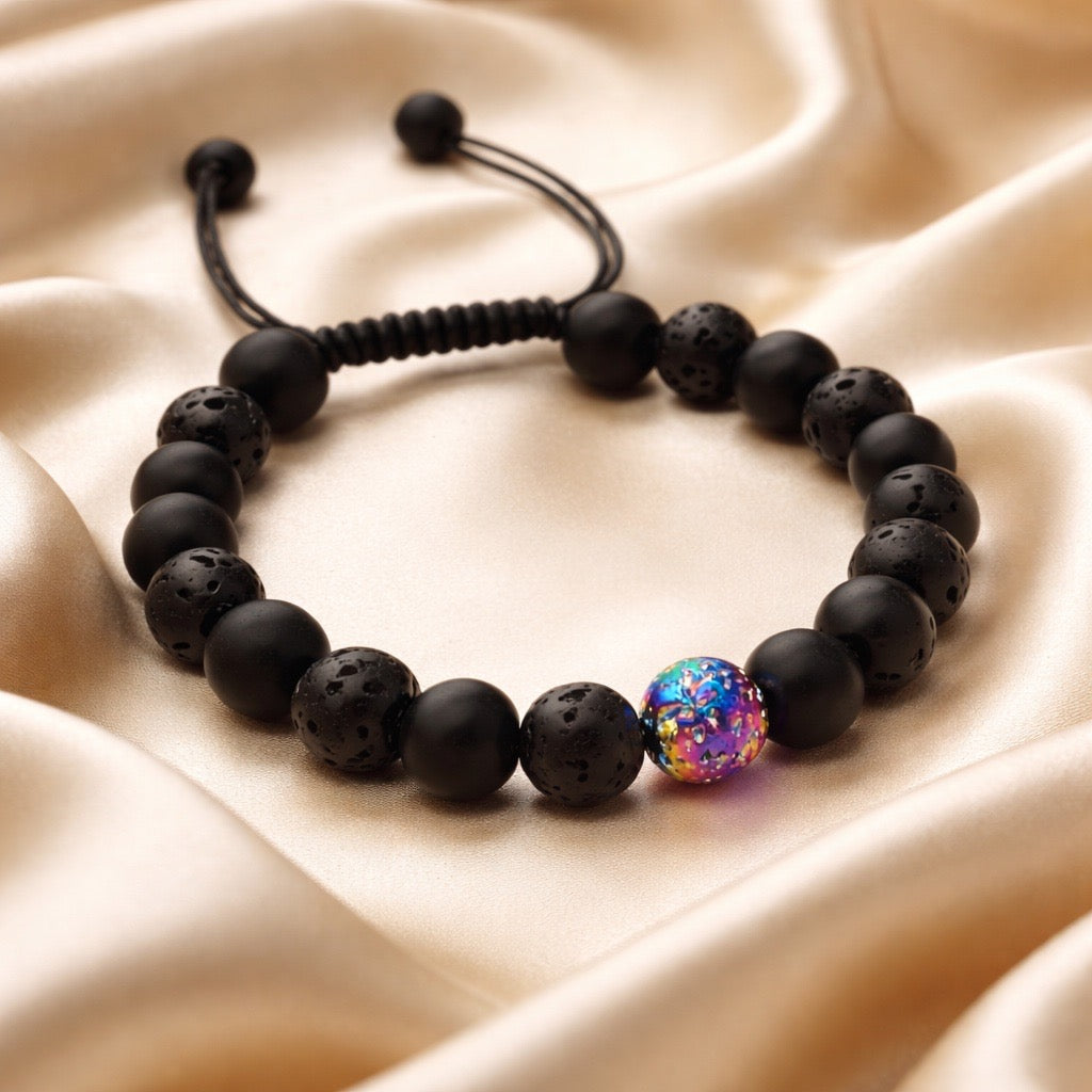 Bracelet Man Lava Stone Metalic 8mm