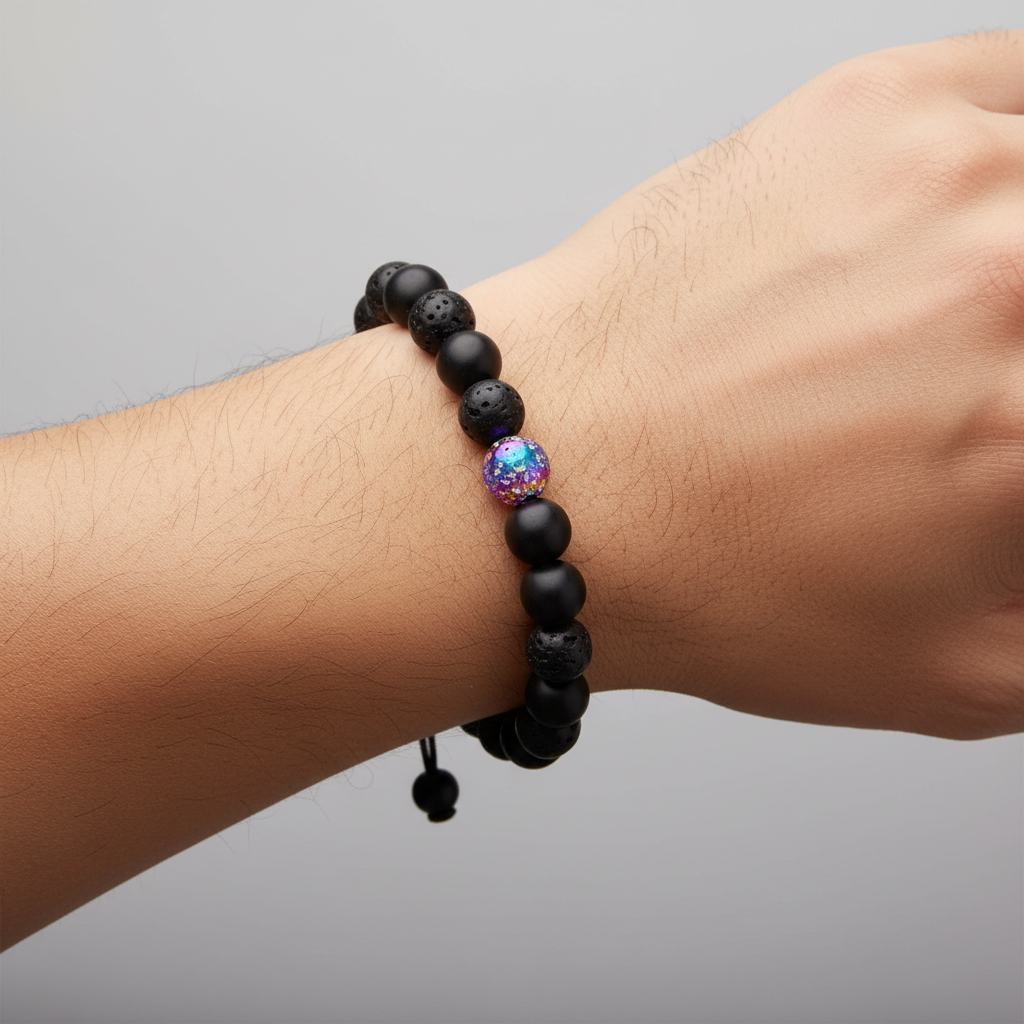Bracelet Man Lava Stone Metalic 8mm