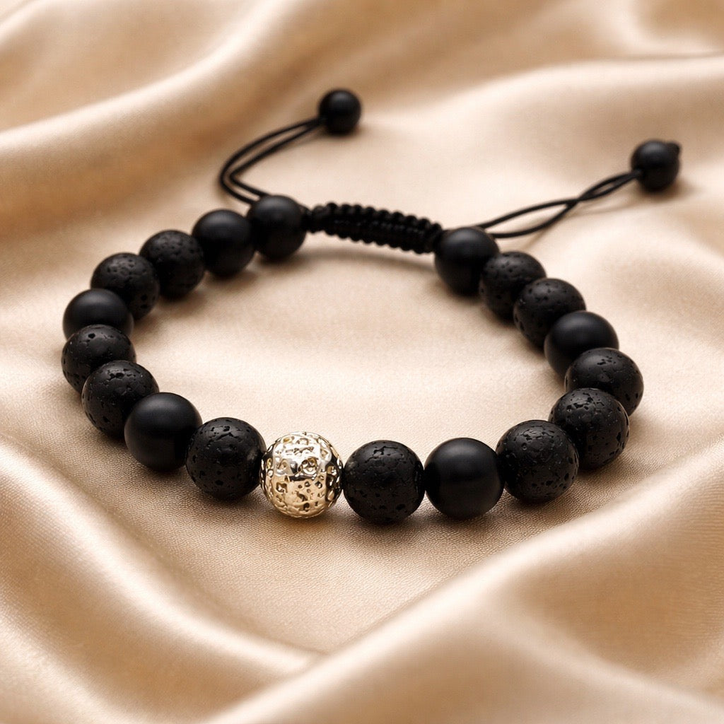 Bracelet Man Lava Stone Metalic 8mm