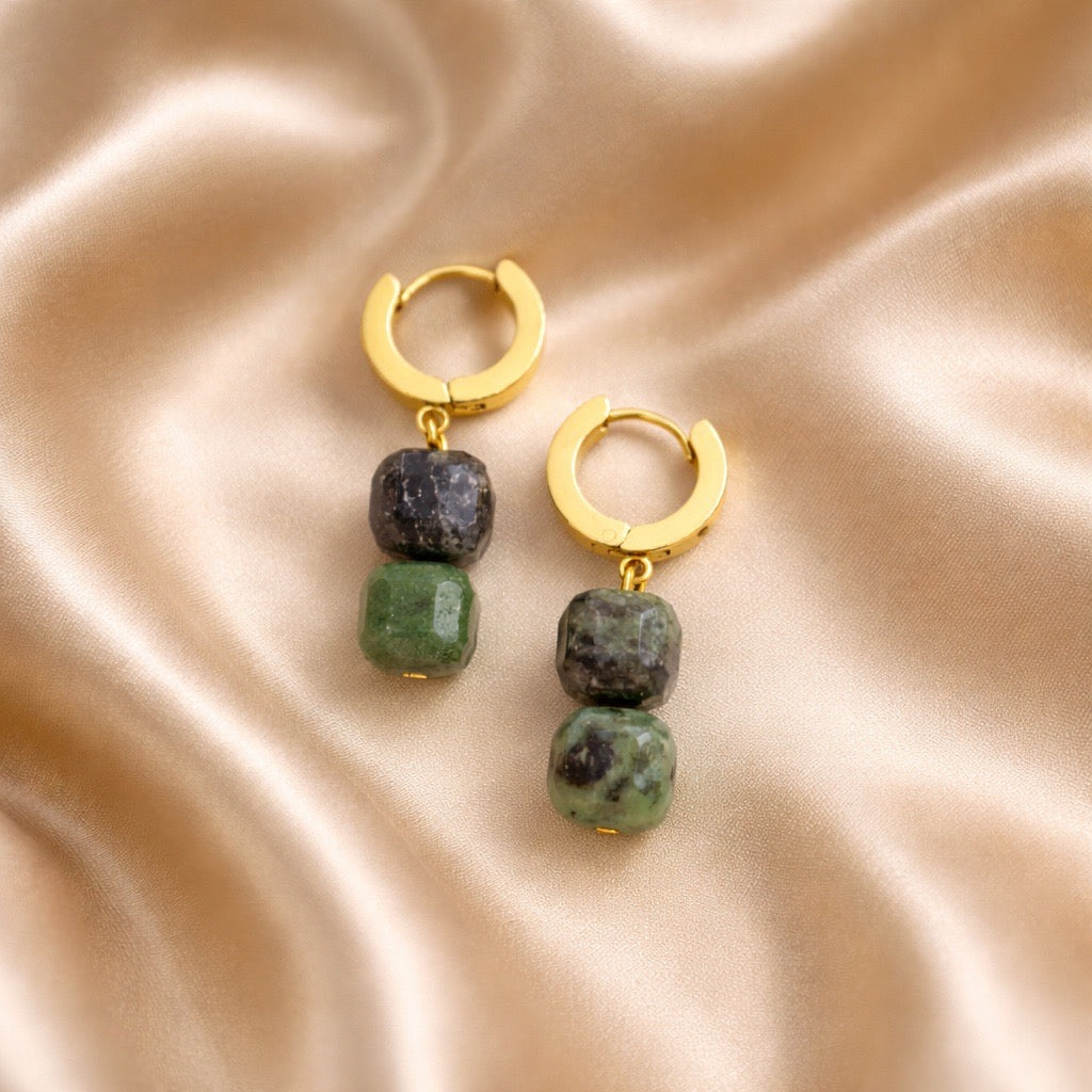 Earrings Thick Hoops with 2 Square Beads