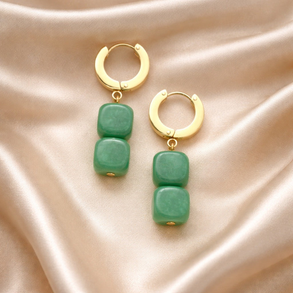 Earrings Thick Hoops with 2 Square Beads