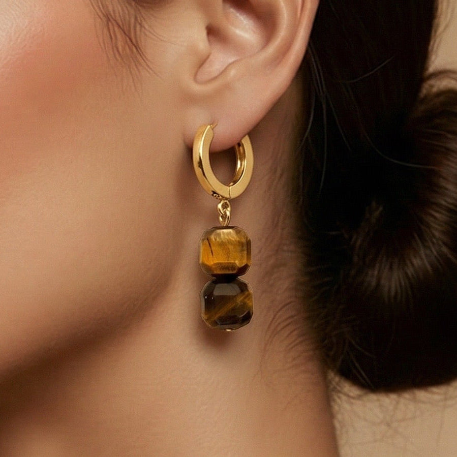 Earrings Thick Hoops with 2 Square Beads