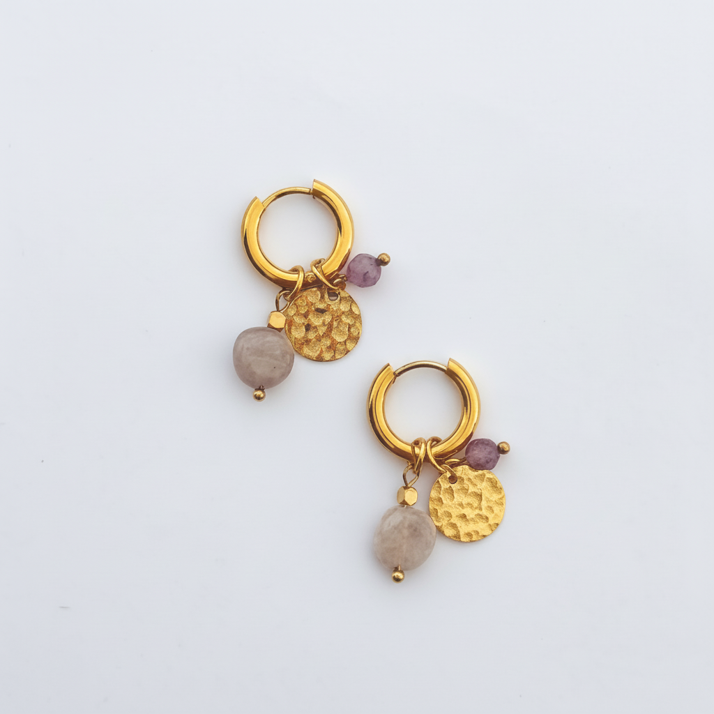 Earrings Amethyst Thick Hoops with Small Charms