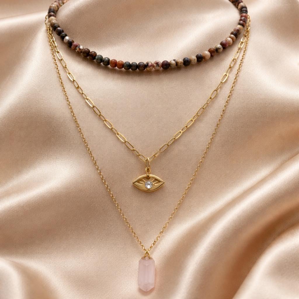 Necklace 3 Layers with Stones and Charms