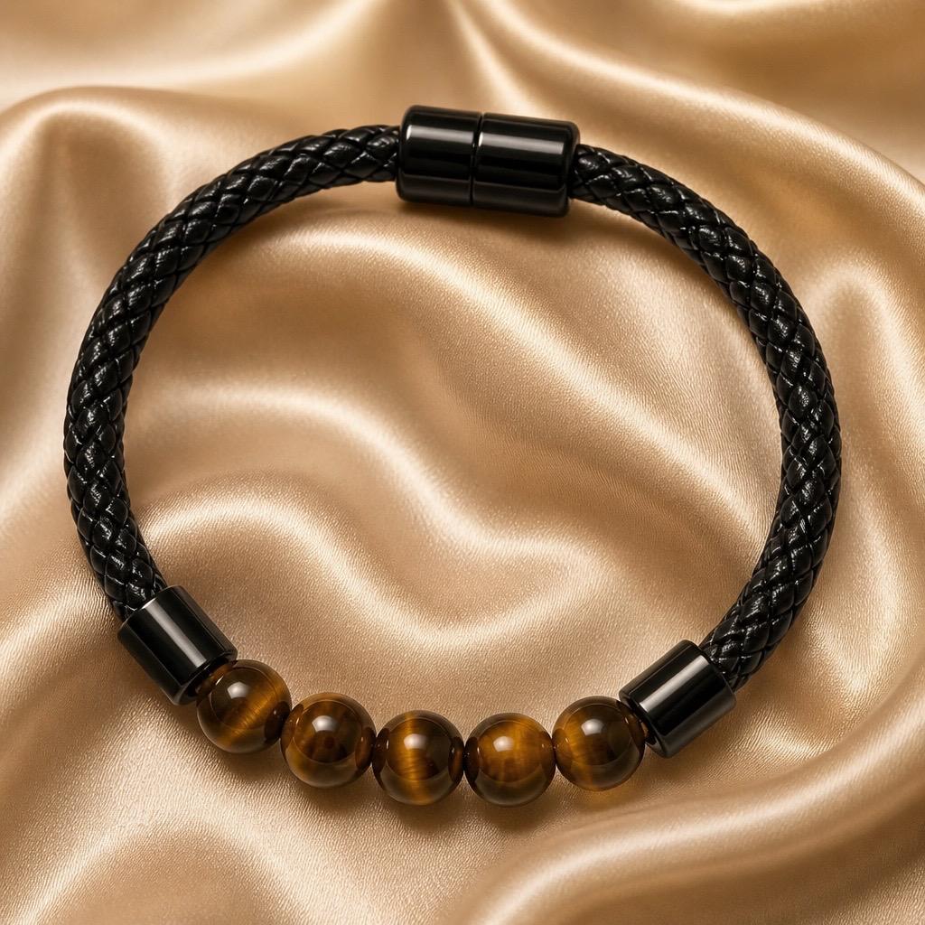 Bracelet Man Beads/Leather Magnetic 8mm