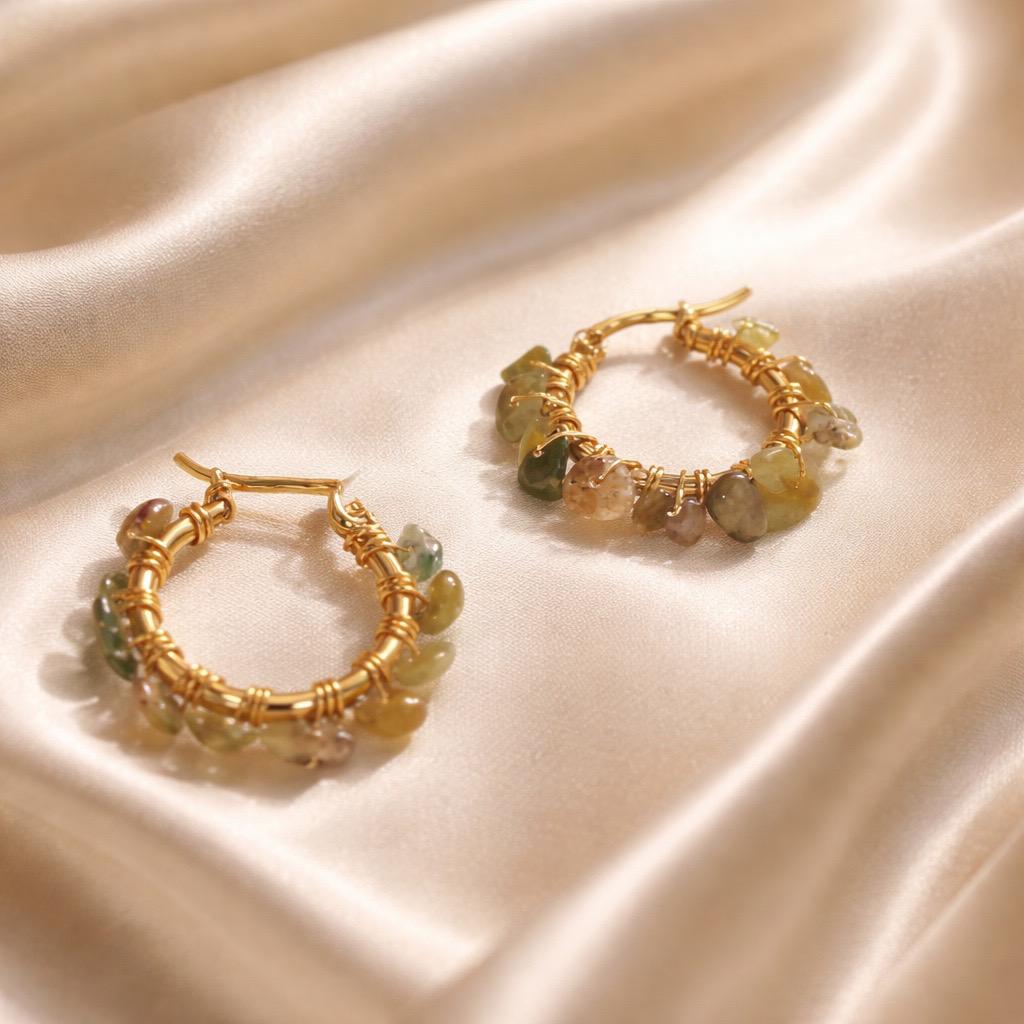 Earrings Hoops Wrapped Chopped Stones