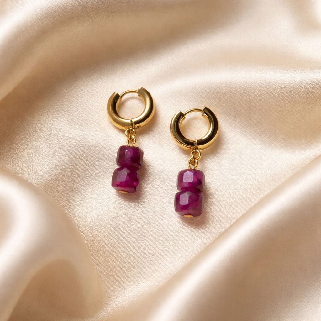 Earrings Thick Hoops with 2 Square Beads