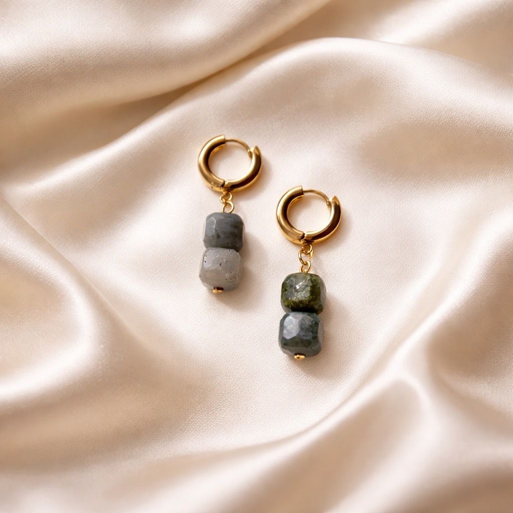 Earrings Thick Hoops with 2 Square Beads