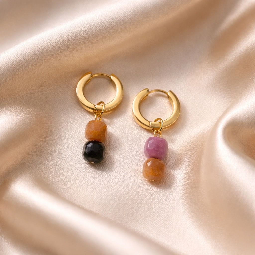 Earrings Thick Hoops with 2 Square Beads