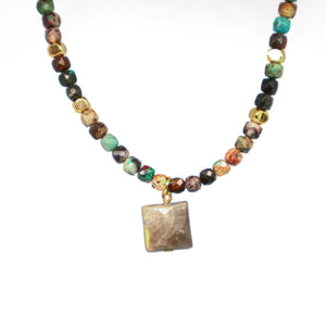 Necklace Squared Beads with Abstract Stone