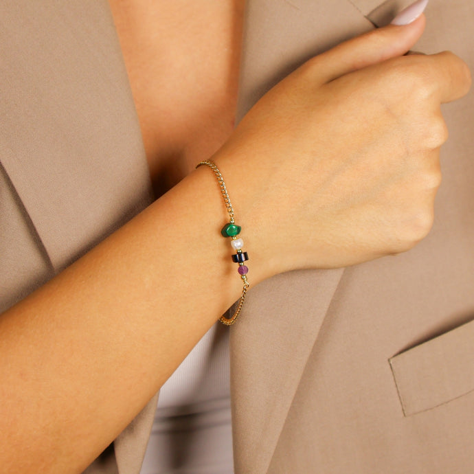 Bracelet Stainless Steel Beads and Raw Stones