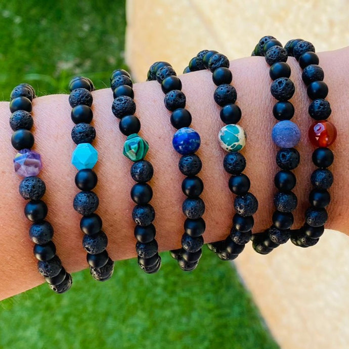 Bracelet Elastic Unisex Lava/Onyx and your Choice of Stones 8mm