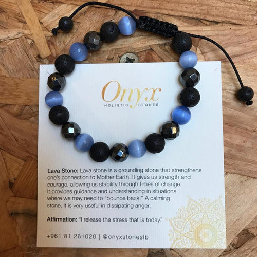 Bracelet Man Hematite/Lava Stone/Blue Cat Eye 8mm