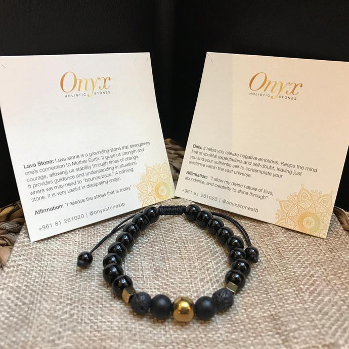 Bracelet Man Lava Stone/Onyx/Gold Bead